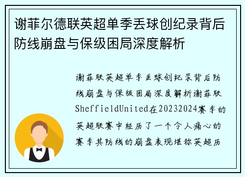 谢菲尔德联英超单季丢球创纪录背后防线崩盘与保级困局深度解析